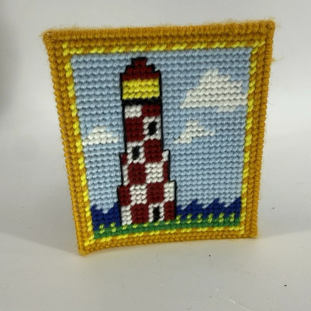 Vintage‎ Lighthouse Plastic Canvas Tissue Box Cover Cross Stitch Embroider
